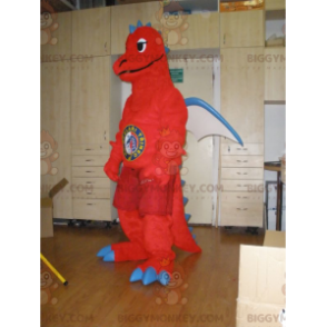 Costume da mascotte gigante rosso bianco e blu drago