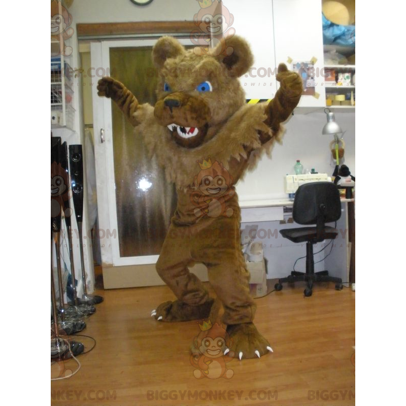 BIGGYMONKEY™ Mascot Costume Fierce Looking Brown Bear With Blue