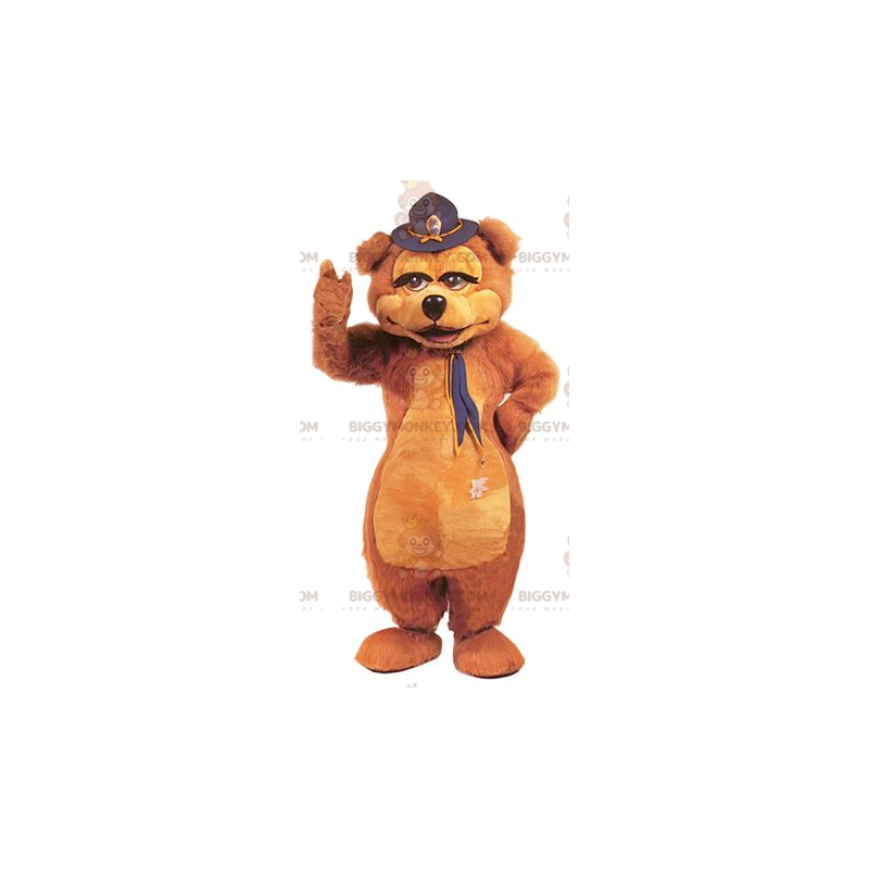 Brun björn BIGGYMONKEY™ maskotdräkt med hatt på huvudet -