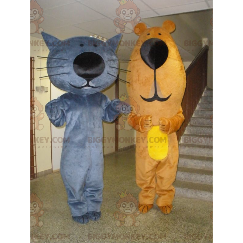 2 BIGGYMONKEY's mascotte een blauwe kat en een bruine beer -