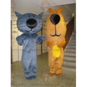 Duo de mascottes BIGGYMONKEY™ un chat bleu et un ours marron -