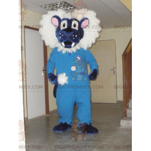Traje de mascote de leão azul e branco BIGGYMONKEY™. Traje de