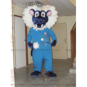 Traje de mascote de leão azul e branco BIGGYMONKEY™. Traje de