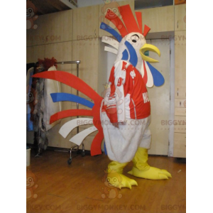 Costume mascotte BIGGYMONKEY™ Gallo gigante blu bianco e rosso