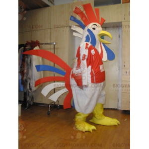 Traje de mascote de galo gigante azul branco e vermelho