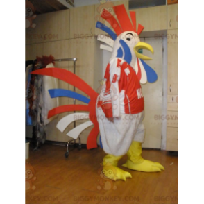 Costume de mascotte BIGGYMONKEY™ de coq géant bleu blanc et