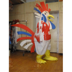 Traje de mascote de galo gigante azul branco e vermelho