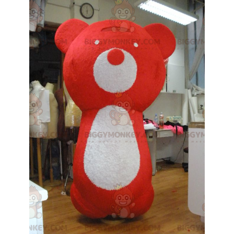 Traje de mascote de ursinho de pelúcia vermelho e branco grande