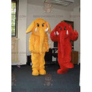 2 elefantes mascota de BIGGYMONKEY™, uno rojo y otro amarillo -