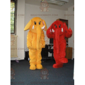 2 elefantes mascota de BIGGYMONKEY™, uno rojo y otro amarillo -