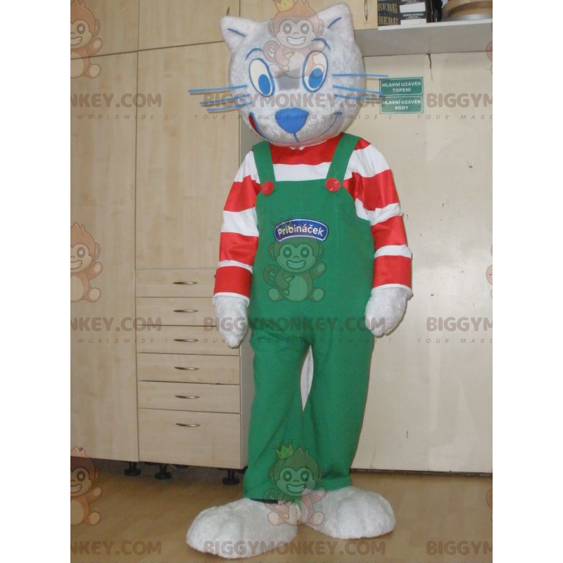 Grå katt BIGGYMONKEY™ maskotdräkt med randig outfit och overall