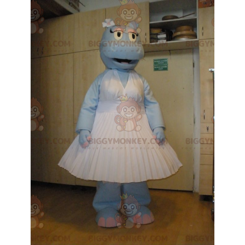 BIGGYMONKEY™ Mascot Costume Blue Hippo Wearing White Dress –