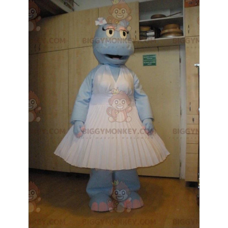 BIGGYMONKEY™ Maskottchenkostüm Blaues Nilpferd mit weißem Kleid