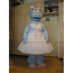 BIGGYMONKEY™ Mascot Costume Blue Hippo Wearing White Dress –