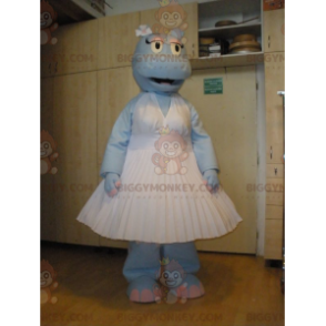 Traje de mascote BIGGYMONKEY™ hipopótamo azul usando vestido