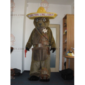BIGGYMONKEY™ Brown Groundhog Bear Mascot Costume In Cowboy