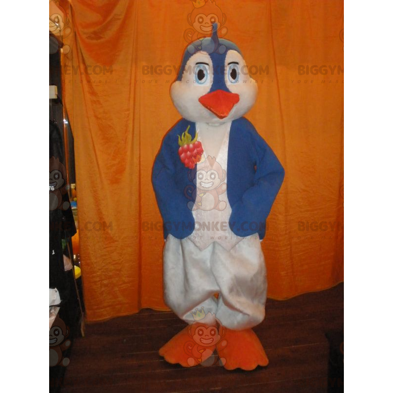 BIGGYMONKEY™ maskottiasu Sinivalkoinen pingviini, jossa oranssi