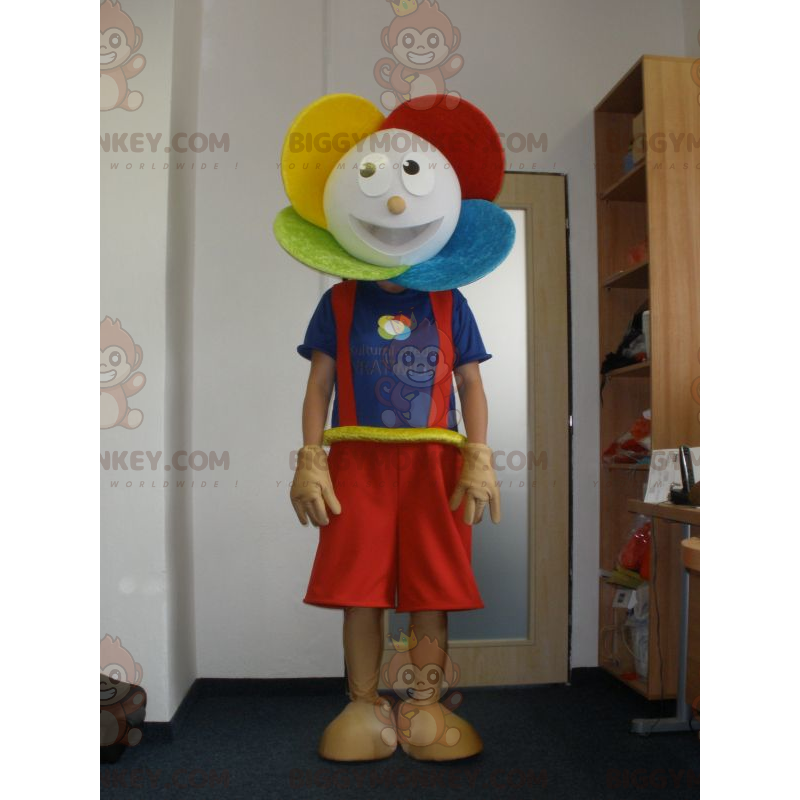 Kostým maskota velmi usměvavého barevného květu BIGGYMONKEY™ –
