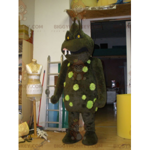Traje de mascote de monstro marrom e verde aterrorizante