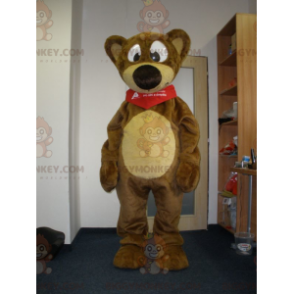 Traje de mascote BIGGYMONKEY™ de pelúcia marrom e amarelo. urso