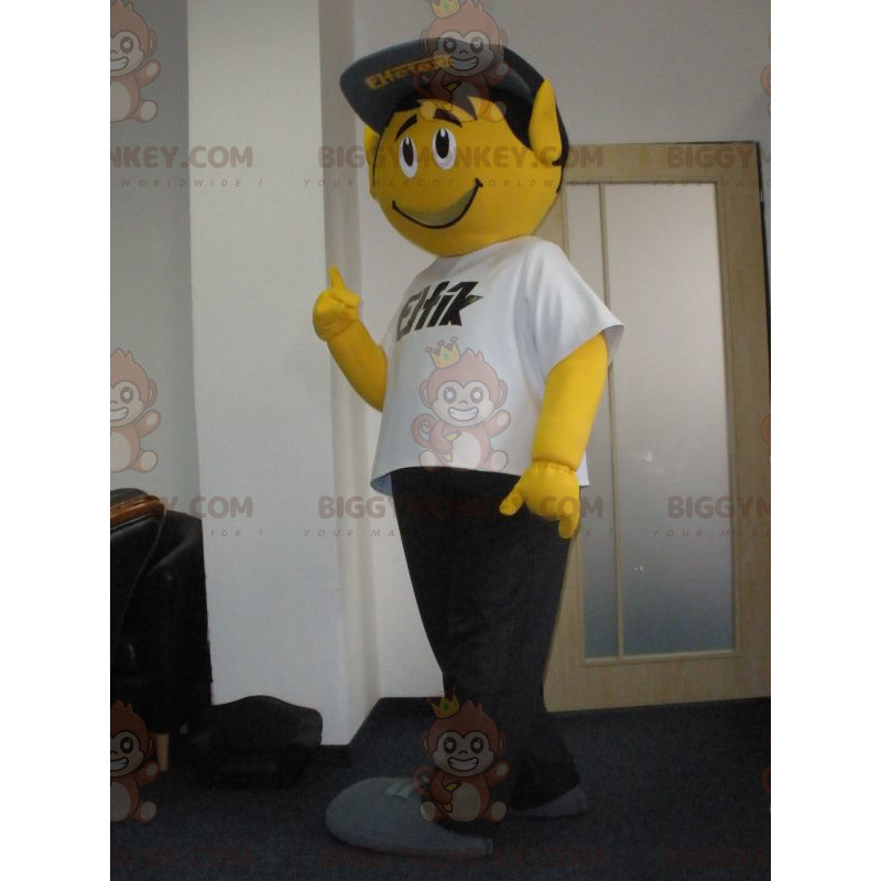 BIGGYMONKEY™-mascottekostuum met zeer lachende gele man met pet
