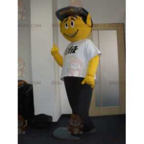 Traje de mascote de homem amarelo muito sorridente BIGGYMONKEY™