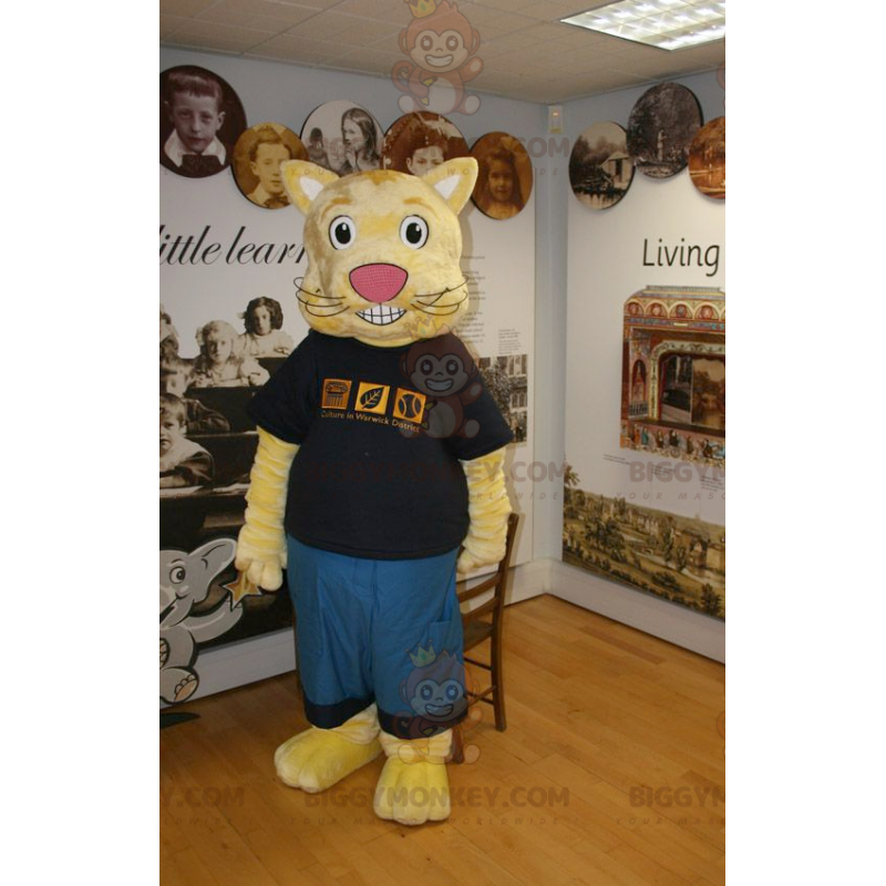 BIGGYMONKEY™ Mascot Costume Yellow Cat in Blue and Black Outfit