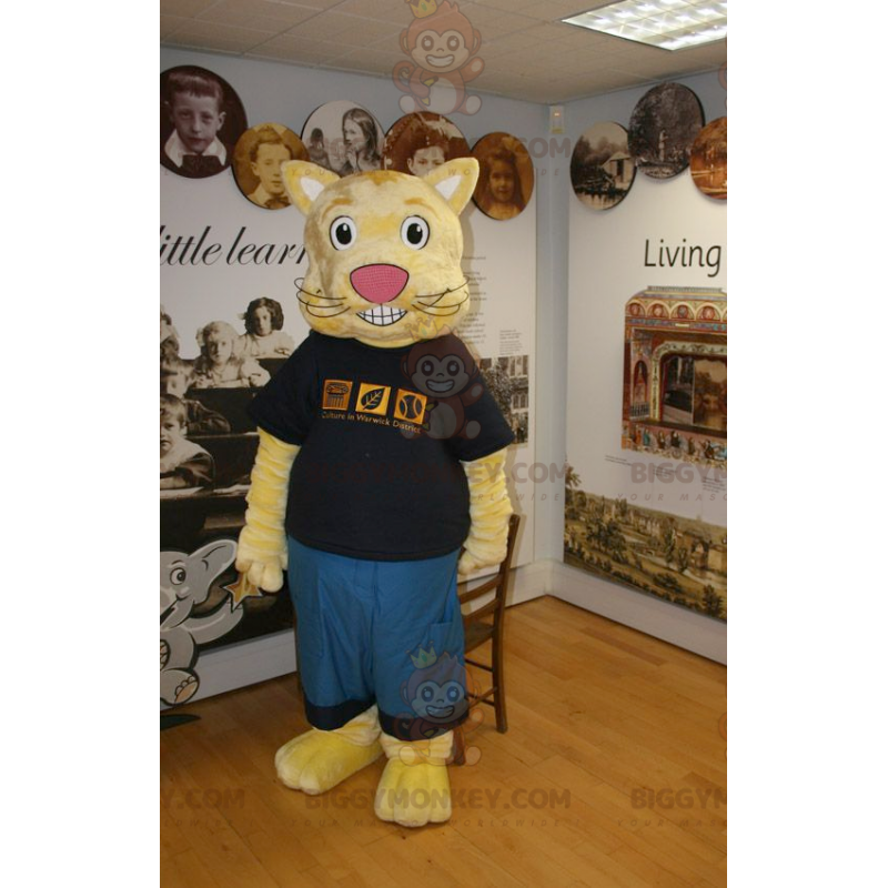 Disfraz de mascota BIGGYMONKEY™ Gato amarillo con traje azul y