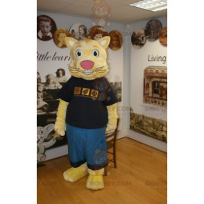 BIGGYMONKEY™ Mascot Costume Yellow Cat in Blue and Black Outfit