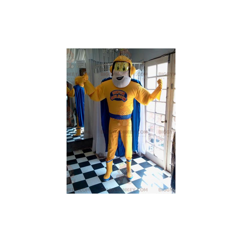 Traje de mascote de super-herói BIGGYMONKEY™ em traje amarelo e