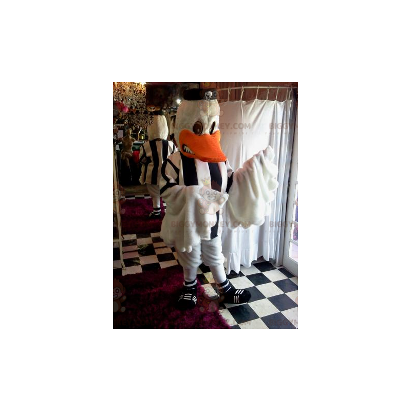 Traje de mascote de pato branco BIGGYMONKEY™ vestido com camisa