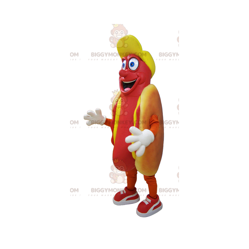 Disfraz de mascota BIGGYMONKEY™ de hot dog codicioso sonriente