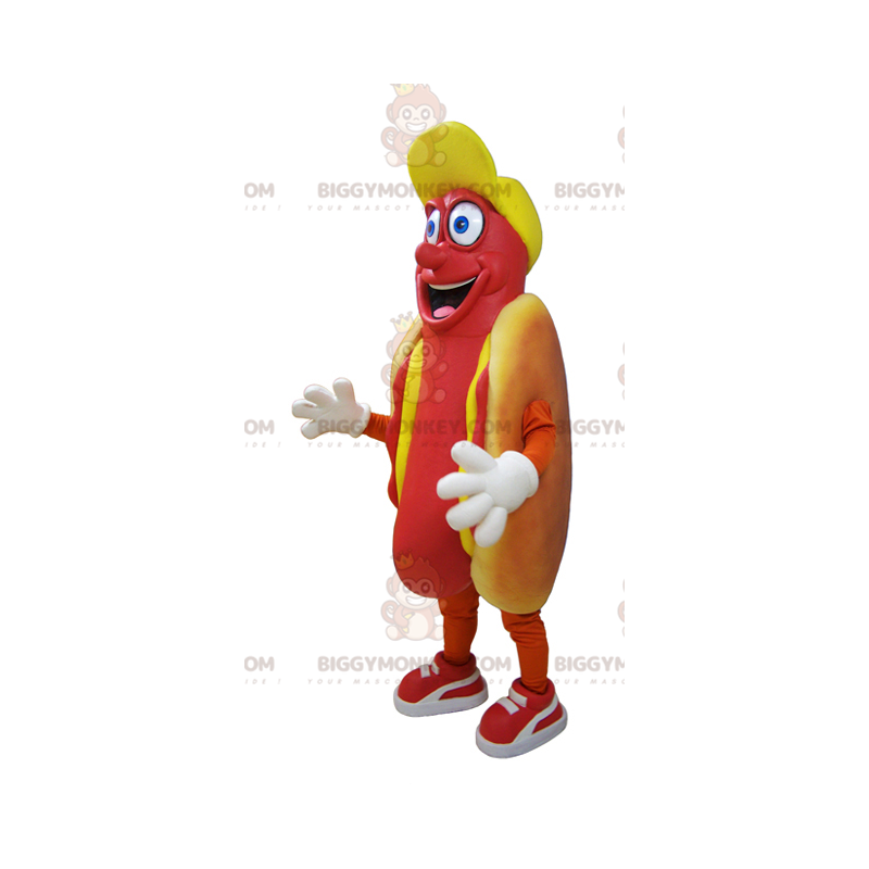 Kostium maskotka uśmiechnięty chciwy hot dog BIGGYMONKEY™ -