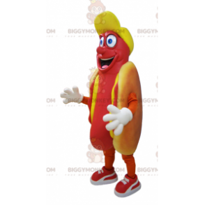 Kostium maskotka uśmiechnięty chciwy hot dog BIGGYMONKEY™ -
