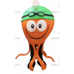 Orange Octopus BIGGYMONKEY™ Mascot Costume with Green Swim Cap