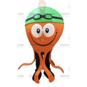 Orange Octopus BIGGYMONKEY™ maskotdräkt med grön badmössa -