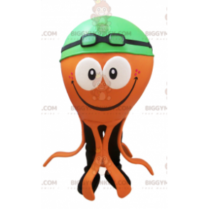 Orange Octopus BIGGYMONKEY™ maskotdräkt med grön badmössa -
