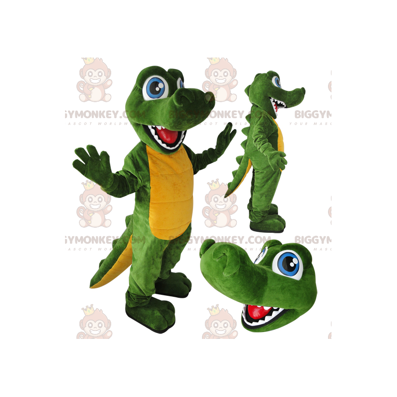Blue Eyes Groene en gele krokodil BIGGYMONKEY™ mascottekostuum