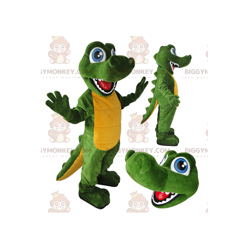 Costume de mascotte BIGGYMONKEY™ de crocodile vert et jaune aux