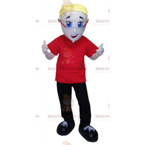 Traje de mascote BIGGYMONKEY™ de homem vestido de vermelho e