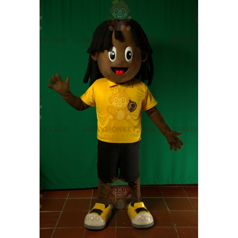 Costume de mascotte BIGGYMONKEY™ de garçon afro-américain.
