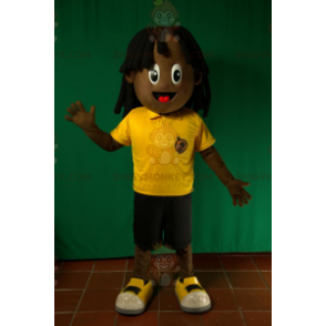 Costume de mascotte BIGGYMONKEY™ de garçon afro-américain.