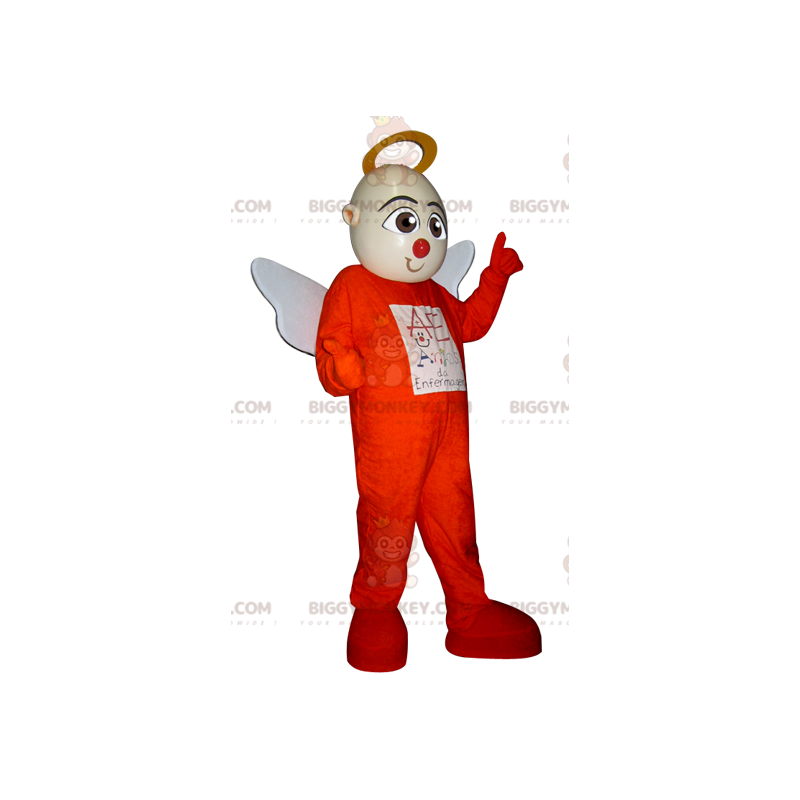 Traje de mascote BIGGYMONKEY™ de anjo em traje laranja com asas