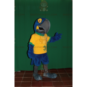 Blå och gul papegoja BIGGYMONKEY™ maskotdräkt med brasiliansk