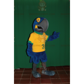 Traje de mascote de papagaio azul e amarelo BIGGYMONKEY™ com