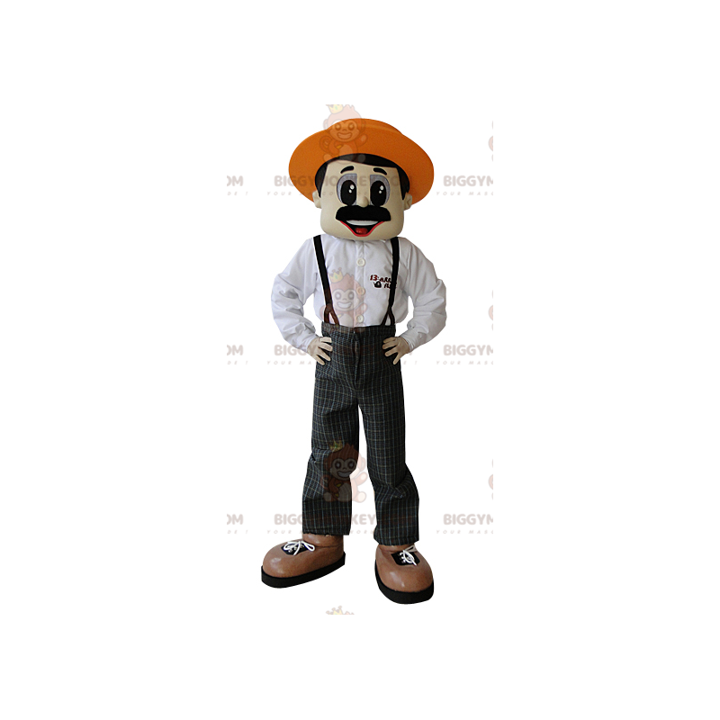 Mustachioed Farmer BIGGYMONKEY™ Mascot Costume with Hat –