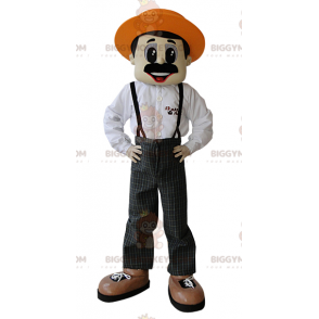 Mustachioed Farmer BIGGYMONKEY™ Mascot Costume with Hat –