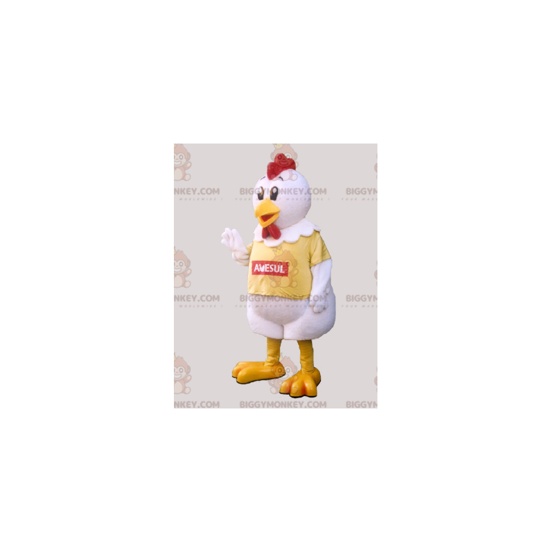 Disfraz de mascota gallo gigante blanco amarillo y rojo gallina