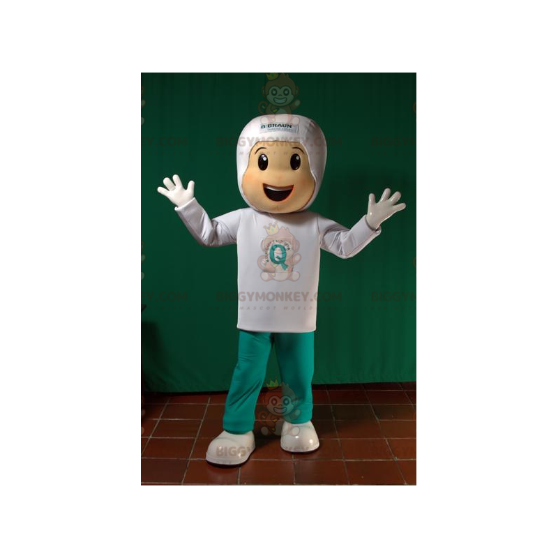 Boy BIGGYMONKEY™ mascot costume dressed in white and green.