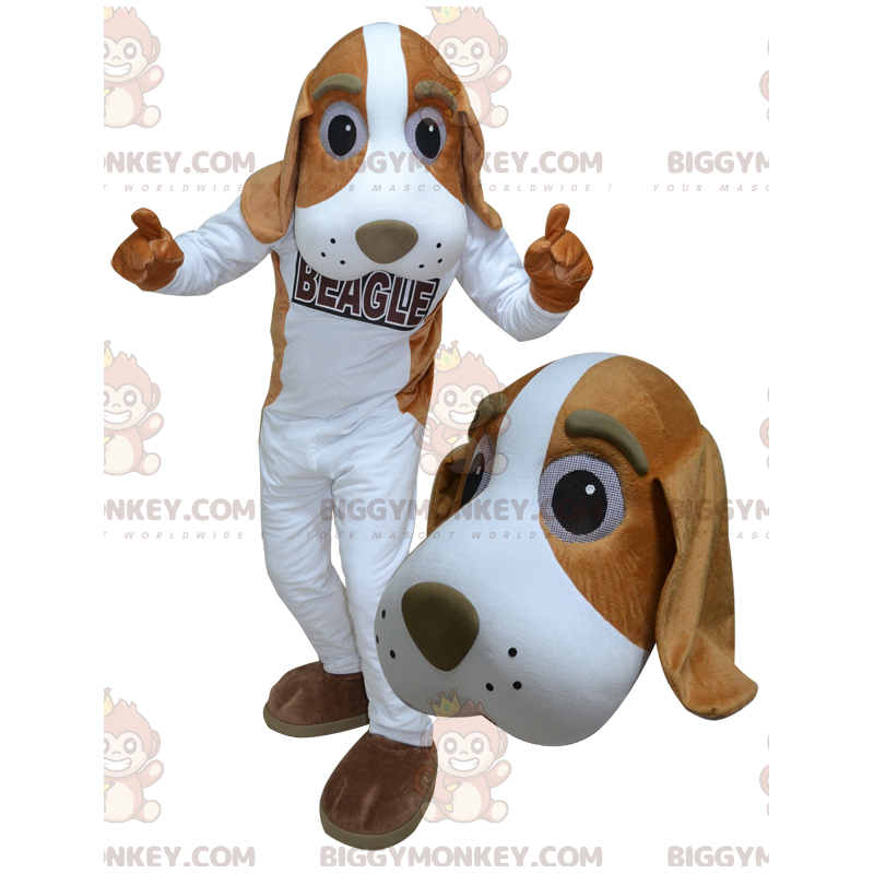 Jättiläinen valkoinen ja ruskea koiran BIGGYMONKEY™ maskottiasu